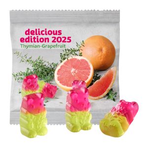 ca. 20 g vegane Thymian-Grapefruit Bärchen im Werbetütchen mit Werbedruck