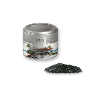 Black Lava Salz in silbener Mini Metalldose mit Sichtfenster und Werbebanderole