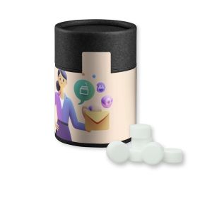 Pfefferminz Drops zuckerfrei in Kraftpapierdose Midi schwarz mit Werbebanderole