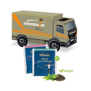 3D Präsent LKW mit Teebeutel von Meßmer und Werbedruck