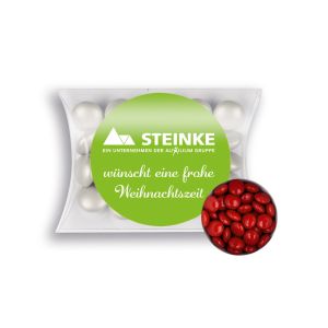 15 g rote Schoko-Linsen in Mini-Kissen mit Werbeetikett