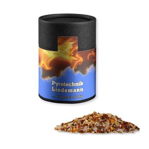 Bio Gewürzmischung Feuer und Flamme in Kraftpapierdose Midi schwarz mit Werbebanderole