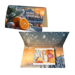 Bio Beuteltee Winter Orange in gefalteter Werbekarte mit Werbedruck