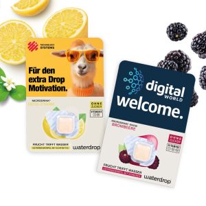 waterdrop Würfel in einer individuell bedruckten Herz-Werbekarte