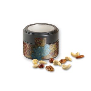 Bio NusskernMix in schwarzer Mini Metalldose mit Sichtfenster und Werbebanderole