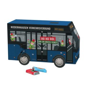 3D Adventskalender Bus Alpenmilch Schokotäfelchen mit Werbedruck