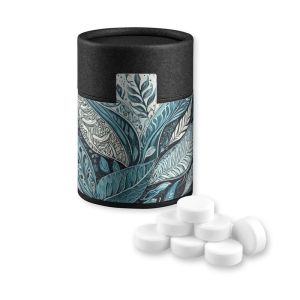 Bio Pfefferminz Drops in Kraftpapierdose Midi schwarz mit Werbebanderole