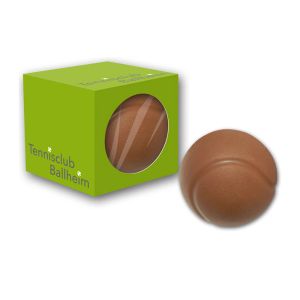 Schokoladen-Tennisball in einer Faltschachtel mit einem Sichtfenster und Rundumdruck