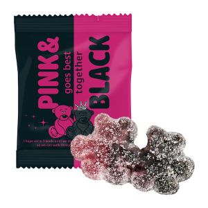 20 g salzige Lakritz-Himbeer-Freundschaftsbärchen im Werbetütchen mit Werbedruck