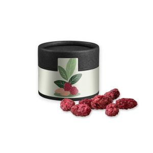Gebrannte Mandeln Himbeere in Kraftpapierdose Mini schwarz mit Werbebanderole