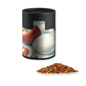 Gewürzmischung Tomate-Mozzarella in Kraftpapierdose Midi schwarz mit Werbebanderole
