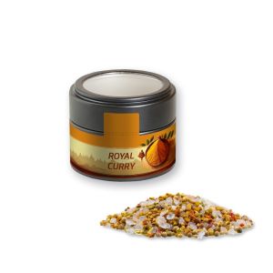 Royal Curry in schwarzer Mini Metalldose mit Sichtfenster und Werbebanderole