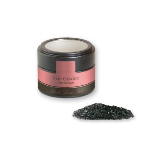 Black Lava Salz in schwarzer Mini Metalldose mit Sichtfenster und Werbebanderole