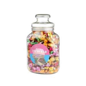 Nostalgisches Bonbonglas befüllt mit Metalic Bonbons und einem Werbeetikett
