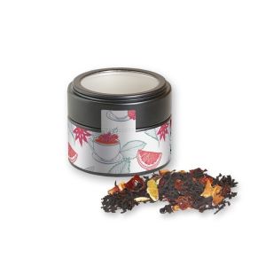 Bio Weihnachts Schwarztee in schwarzer Mini Metalldose mit Sichtfenster und Werbebanderole