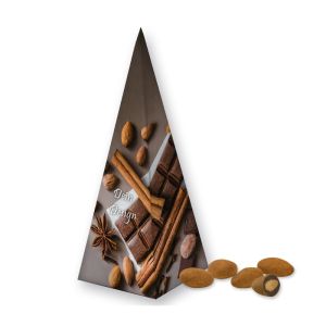 Schokomandeln mit Zimt in Präsent-Pyramide mit Werbedruck