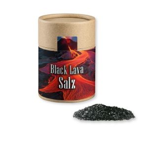 Black Lava Salz in Kraftpapierdose Midi mit Werbebanderole