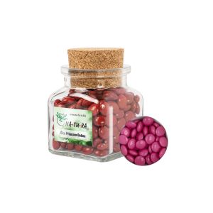 Pinke Schoko-Linsen im Korkenglas mit Werbeetikett