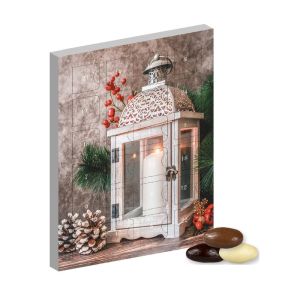 Mini Adventskalender im Hochformat befüllt mit Mandel-Schoko-Trio und Werbedruck