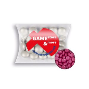 15 g pinke Schoko-Linsen in Mini-Kissen mit Tampondruck
