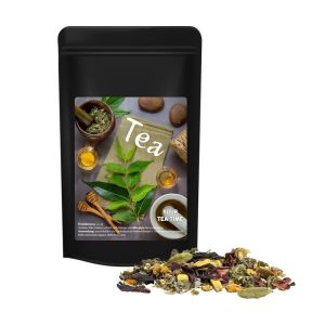 Ayurveda Relax-Tee im Midi Standbeutel schwarz mit Werbeetikett