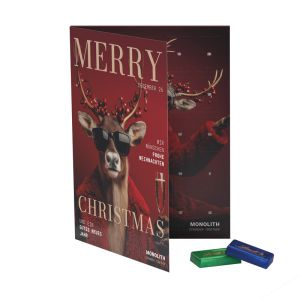Premium Tisch-Adventskalender Flip Cover Hochformat mit Lindt Schokoladentäfelchen und recyclingfähigem Inlay
