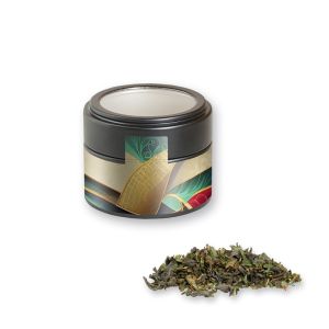 Bio Grüner Tee mit Minze in schwarzer Mini Metalldose mit Sichtfenster und Werbebanderole