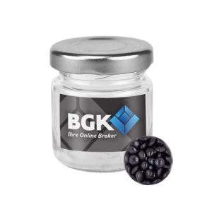 30 g schwarze Schoko-Linsen im Mini Glas mit Werbeetikett