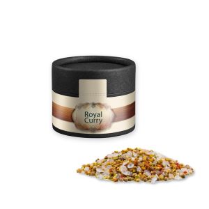 Royal Curry in Kraftpapierdose Mini schwarz mit Werbebanderole