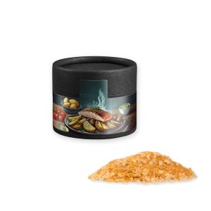 Rauch-Salz grob in Kraftpapierdose Mini schwarz mit Werbebanderole