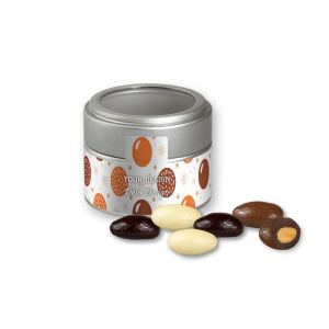 Mandel-Schoko-Trio in silbener Mini Metalldose mit Sichtfenster und Werbebanderole