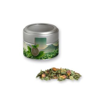 Bio Kräutertee Glücksgefühle in silbener Mini Metalldose mit Sichtfenster und Werbebanderole