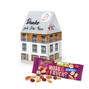 3D Präsent Haus mit Lorenz Nuss & Frucht und Werbedruck