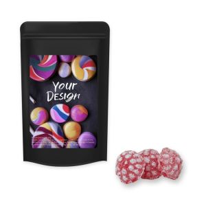 Himbeer Bonbons im Midi Standbeutel schwarz mit Werbeetikett