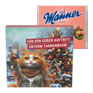 Manner Waffeln in einer Präsentbox mit einer Tannenbaum-Ausstanzung und Werbedruck