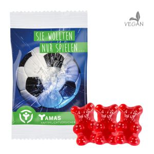15 g vegane rote Gummibärchen (Himbeere) im kompostierbaren Werbetütchen mit Werbedruck