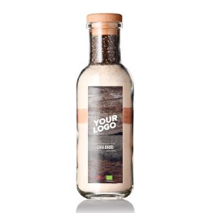 Backmischung dänisches Chia-Sauerteigbrot (Chia Surdej brød) in einer Flasche mit Werbeetikett