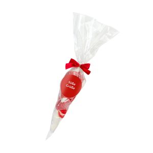 100 g roter Süßigkeiten-Mix in transparenter Spitztüte mit Clipschleife und Werbeetikett