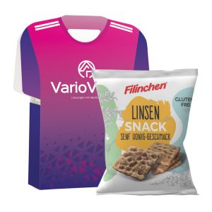 Trikotbox mit Filinchen Linsen Snack Senf Honig-Geschmack und einem individuellen Komplettdruck