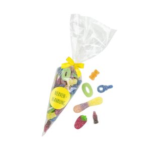 250 g bunte saure Fruchtgummi-Schaumzucker-Mischung in transparenter Spitztüte mit Clipschleife und Werbeetikett