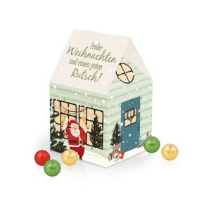 Adventskalender Haus mit Fairtrade Schokolade Inlay aus Papier und Rundum-Werbedruck