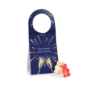 20 g Fruchtgummi mit Prosecco Geschmack im transparenten Standbeutel mit beidseitig bedruckbarem Werbereiter