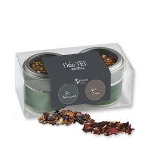 2er Geschenk-Set Weihnachts Teesorten in Metalldosen Mini mit Sichtfenster mit Werbebanderole