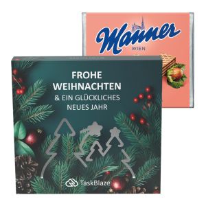 Manner Waffeln in einer Präsentbox mit einer Wald-Ausstanzung und Werbedruck