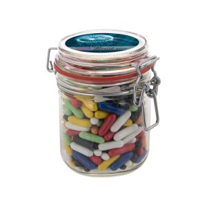 0,4 l Weckglas befüllt mit Lakritzstäbchen Mx und mit Werbeetikett