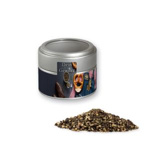 Pfeffer geschrotet in silbener Mini Metalldose mit Sichtfenster und Werbebanderole