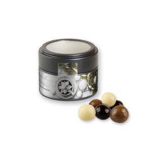 Knusperkugeln-Mix in schwarzer Mini Metalldose mit Sichtfenster und Werbebanderole