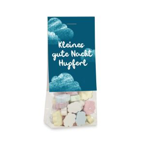 40 g Dextrose-Wolken im transparenten Standbeutel mit beidseitig bedruckbarem Werbereiter