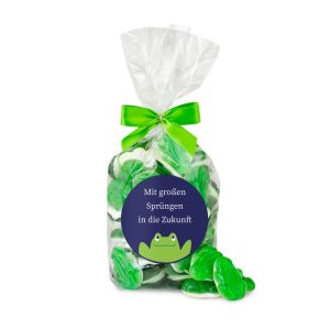 250 g Frösche aus Fruchtgummi mit Schaumzucker im transparenten Flachbeutel mit Clipschleife