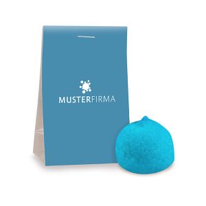 Blauer Schaumzuckerball in Naschtasche mit Werbereiter